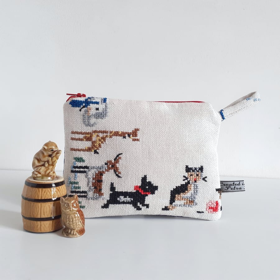 Make up bag upcycled  in vintage animal cross stitch embroidery