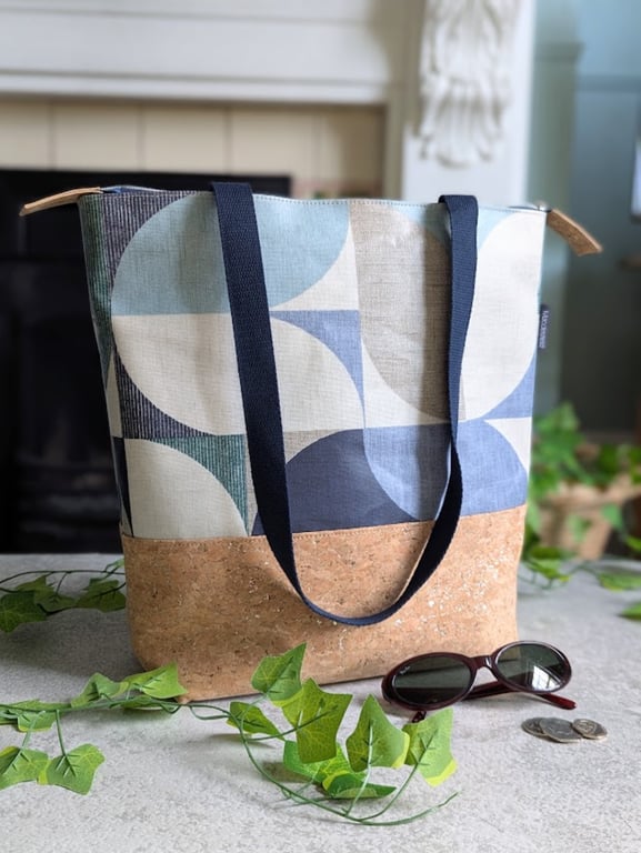 Oilcloth and Cork Fabric Large Shoulder Tote Bag Navy