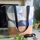 Oilcloth and Cork Fabric Large Shoulder Tote Bag Navy