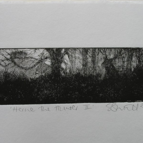 Moody drypoint etching 'Herne the Hunter II'
