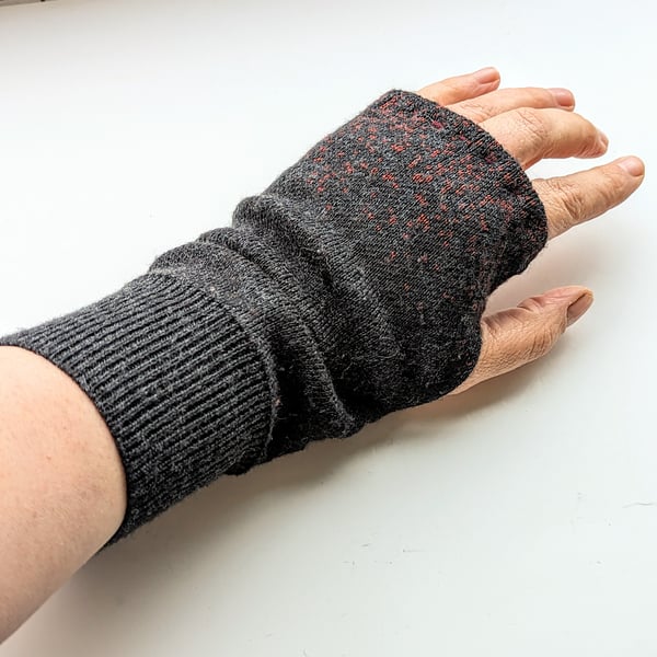 Charcoal grey and rust Wrist Warmers Upcycled from old knitwear wool mix