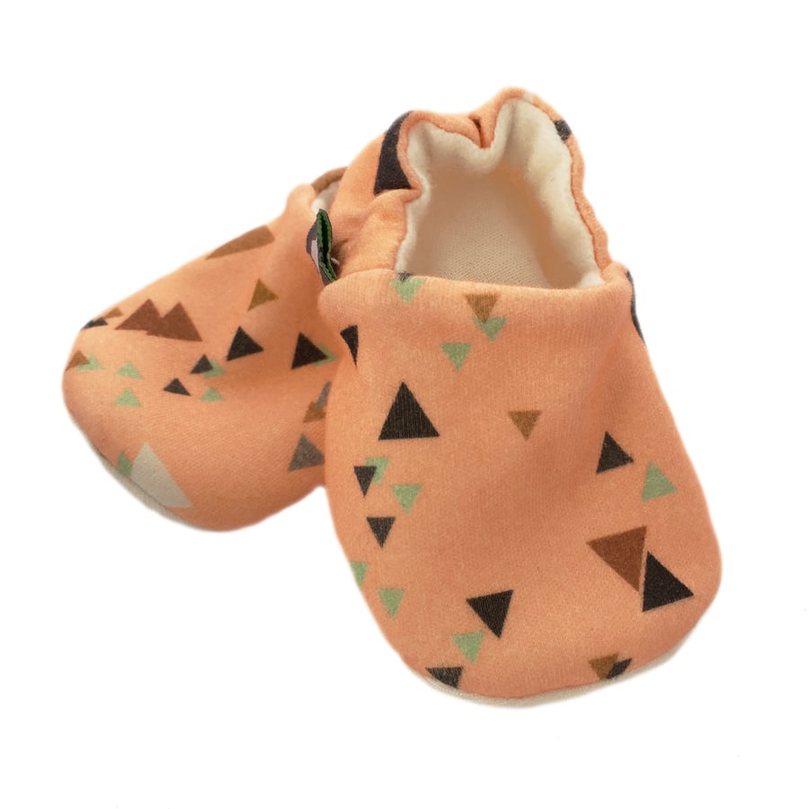 ORGANIC Multi TRIANGLES ON CORAL Kids Slippers Pram Shoes BABY GIFT IDEA 0-9Y