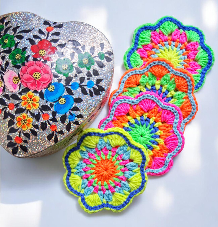 ultra bright neon crochet mandala flower coasters