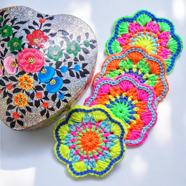 ultra bright neon crochet mandala flower coasters