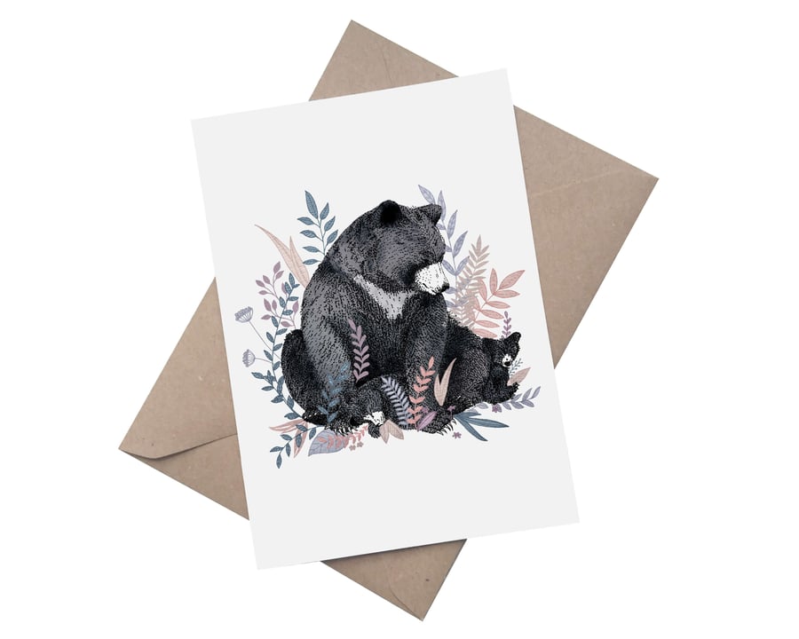 Black Bears: Watercolour A5 Blank Greetings Card 