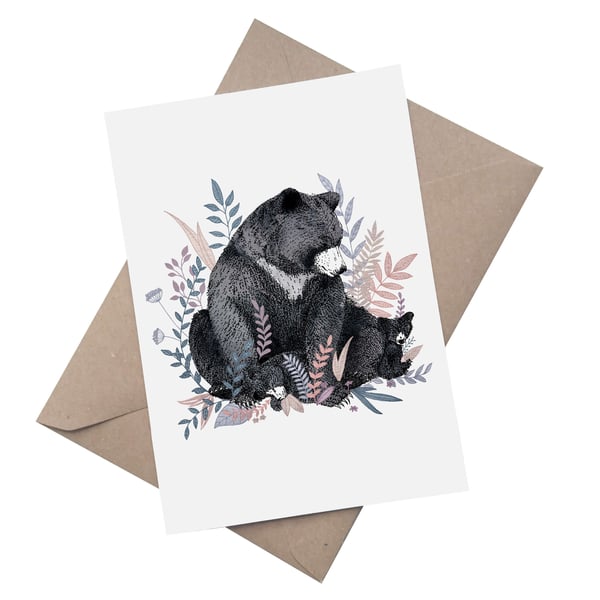 Black Bears: Watercolour A5 Blank Greetings Card 