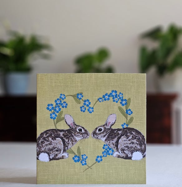 'Rabbits & Forget-me-not heart', Valentine's day, Love, Wedding, Anniversary 