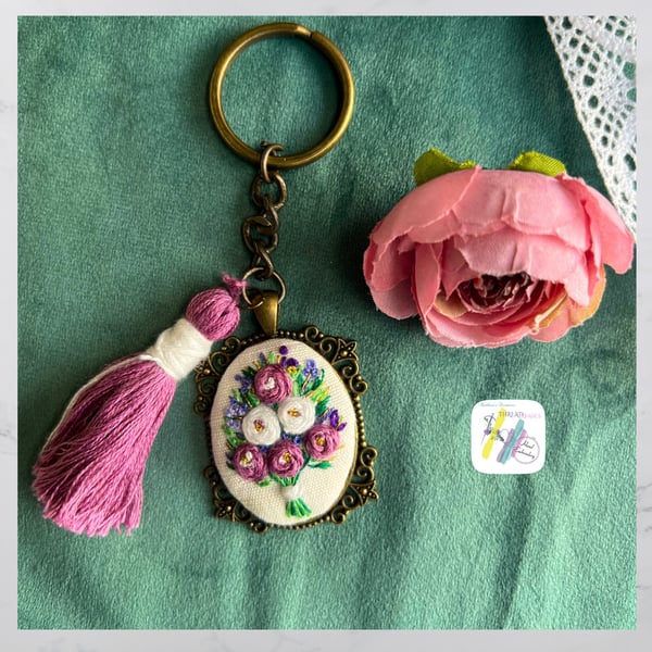 Hand embroidered Keychain, floral embroidered, rose bouquet needlework, antique 