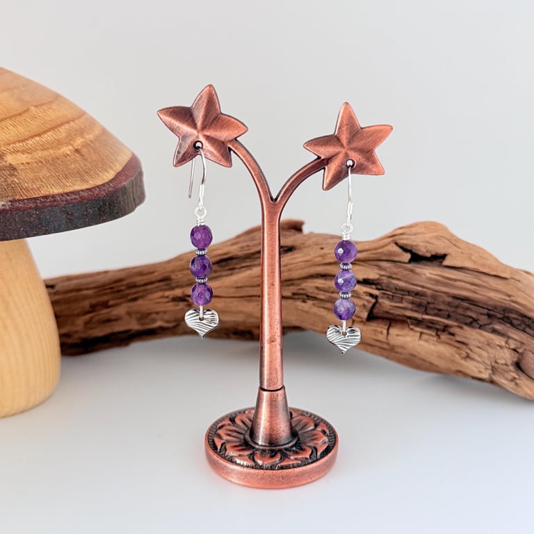 Amethyst and Fine Silver Heart Earrings