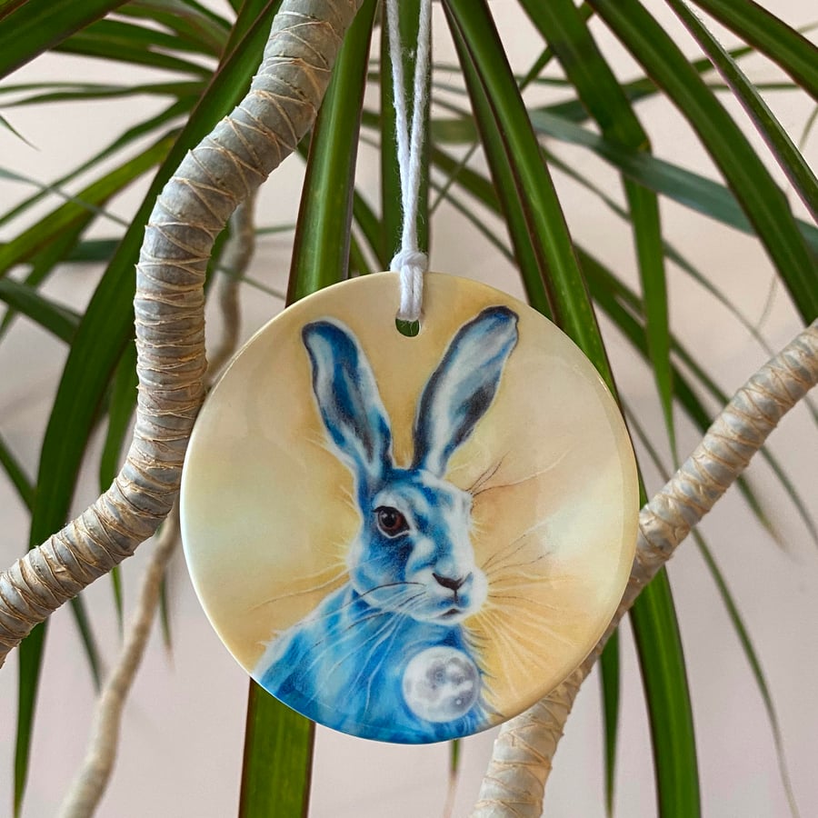 "Lunar Hare" Ceramic hanging decoration - Hare ornament, home decor,  Hare gift