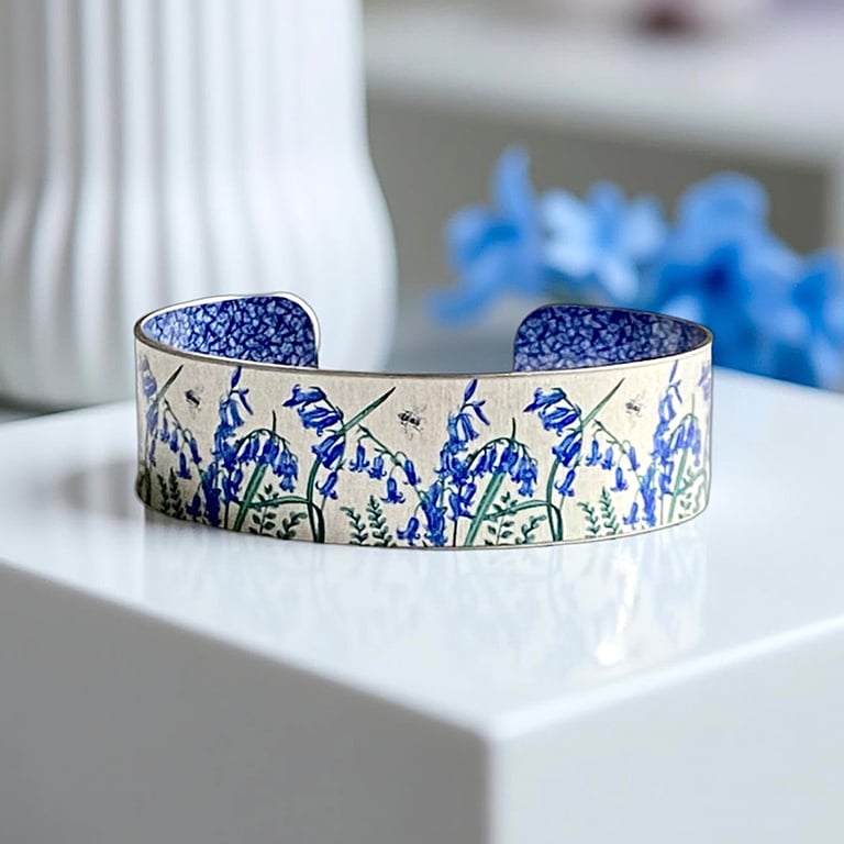 Bluebell cuff bracelet, blue wild flowers, jewellery gifts. (768)            