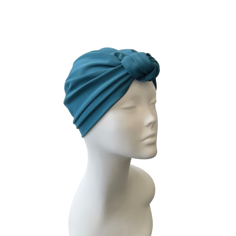 Teal Blue Beach Turban Swim Cap, SPF 50 Fabric Summer Turban Hat for Women