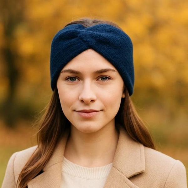 Hand knitted navy blue twisted headband ear warmer turban style  