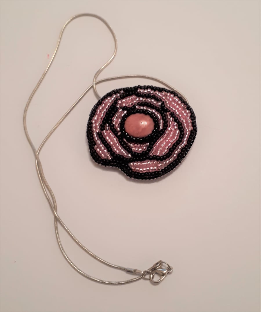 Bead Embroidered Art Deco style Pink Rose convertible pendant and brooch 