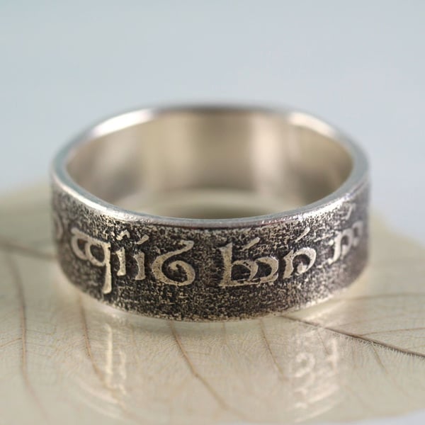 Elvish Silver Ring Band - The Road Goes Ever On - Elven Fantasy Script