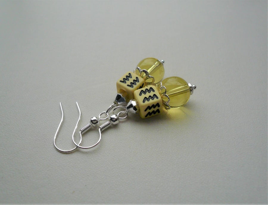 Yellow AQUARIUS Zodiac Sign Dangle Glass Acrylic Cube Bead Earrings   KCJ3976