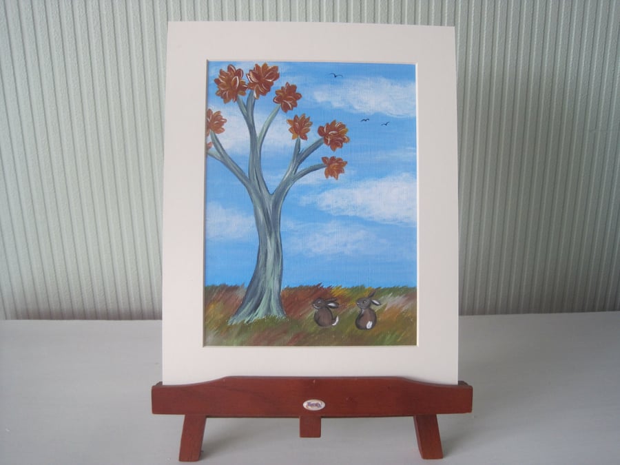 SALE Rabbits and Autumn Tree Landscape Original Painting