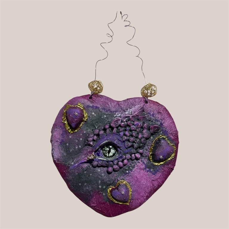 Mystic Dragon Eye Heart Wall Hanging - Purple and Gold Fantasy Art Sculpture - G
