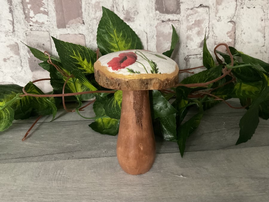 Mushroom wooden ornament. Decoupaged. Poppy.