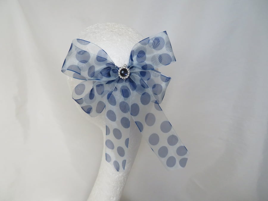 White and Royal Blue Sheer Organza Polka Dot Retro Style Clip In Hair Bow