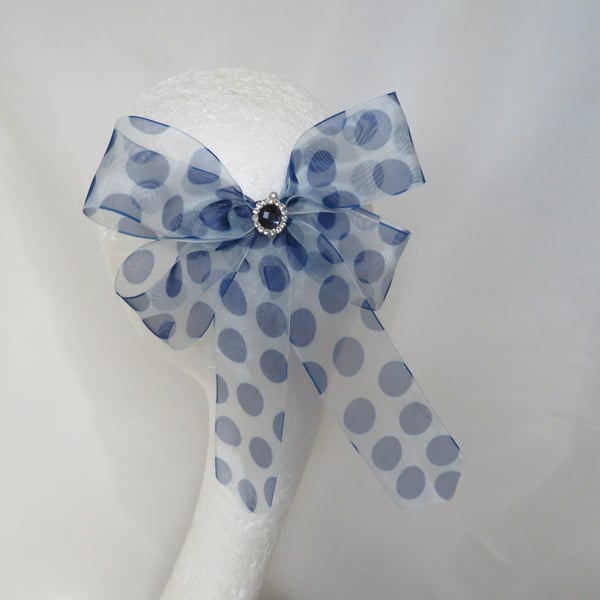 White and Royal Blue Sheer Organza Polka Dot Retro Style Clip In Hair Bow
