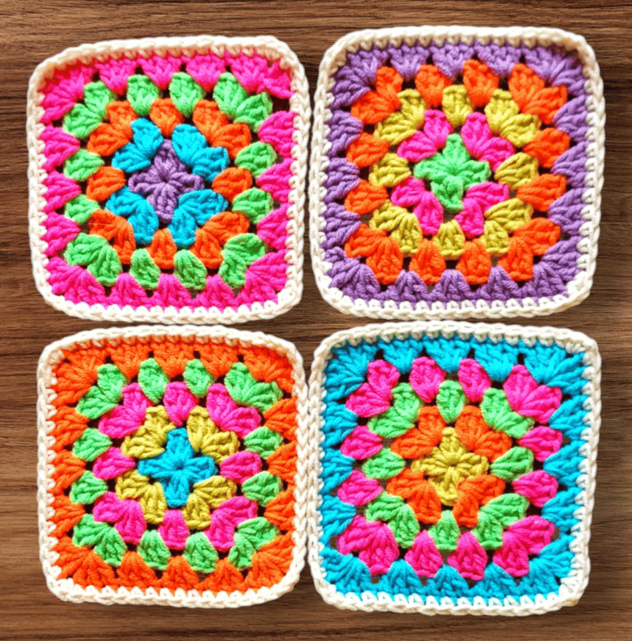 ultra bright neon retro crochet granny squares, coasters