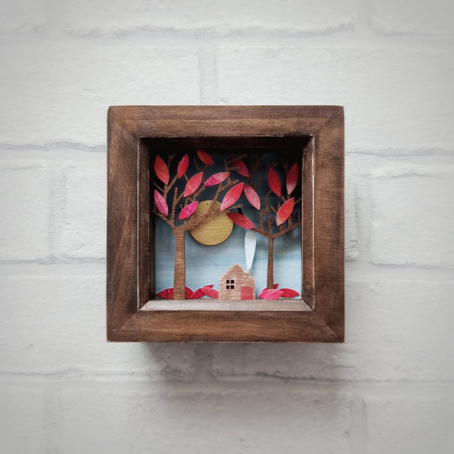 Cabin in the Woods Picture, Miniature Diorama, Folk Art Shadow Box, Autumn Cabin