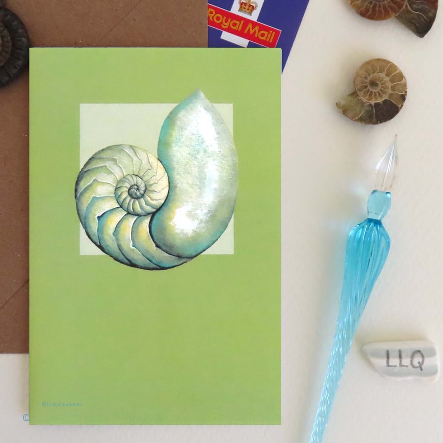 Nautilus sea shell in green blank art card modern spiral shell plastic free