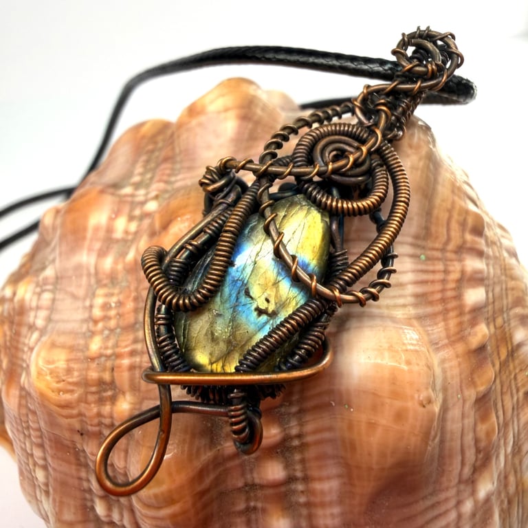 Love Tokens: Copper Wire Wrapped Labradorite Pendant On Waxed Cord Necklace