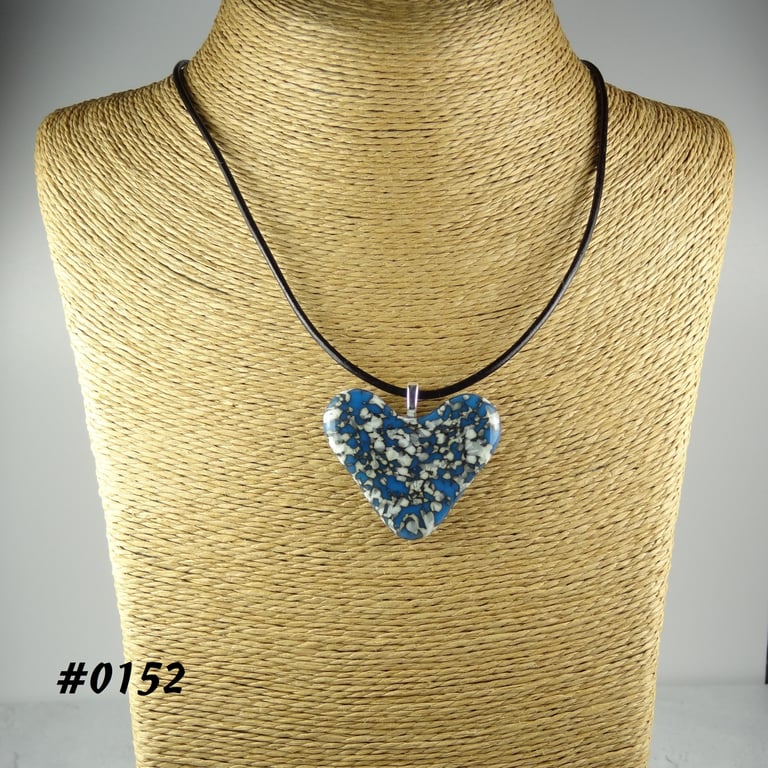Blue handcrafted fused glass heart pendant on a black leather cord (0152)