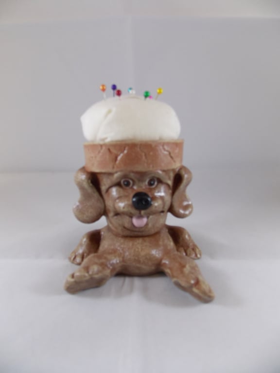 Ceramic Hand Painted Small Novelty Dog Puppy Animal Sewing Craft Pin Cushion.