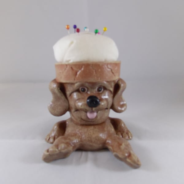 Ceramic Hand Painted Small Novelty Dog Puppy Animal Sewing Craft Pin Cushion.