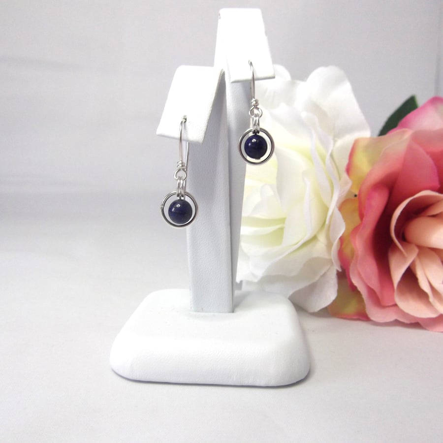 Lapis Lazuli gemstone dangle earrings with bead in a ring of recycled silver