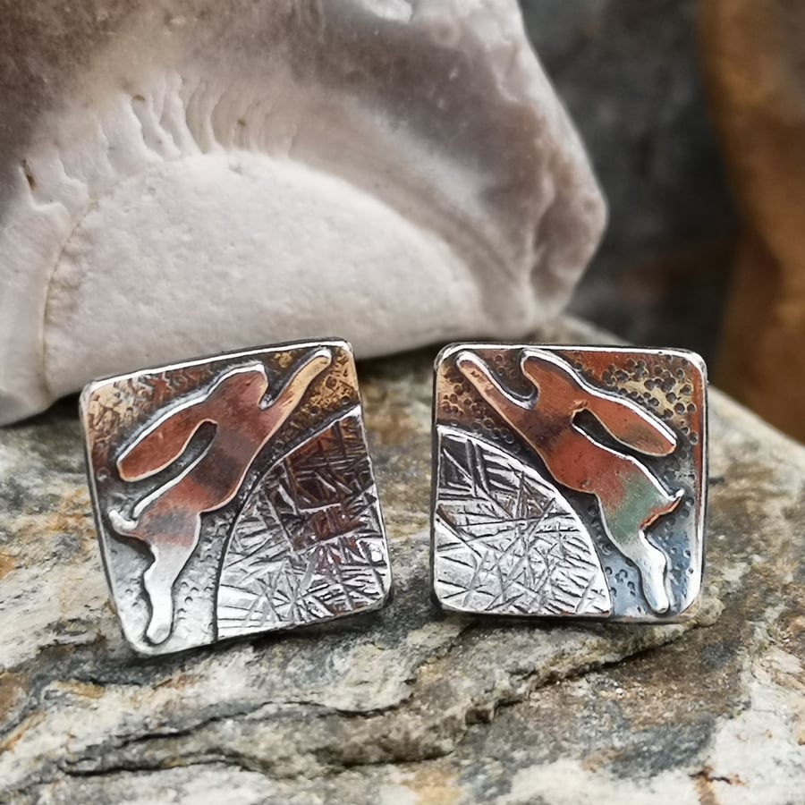 Square Leaping Hare Stud Earrings