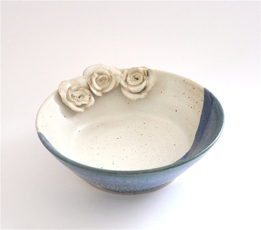 Ceramic dish with roses in blue green purple and cream - handmade pottery