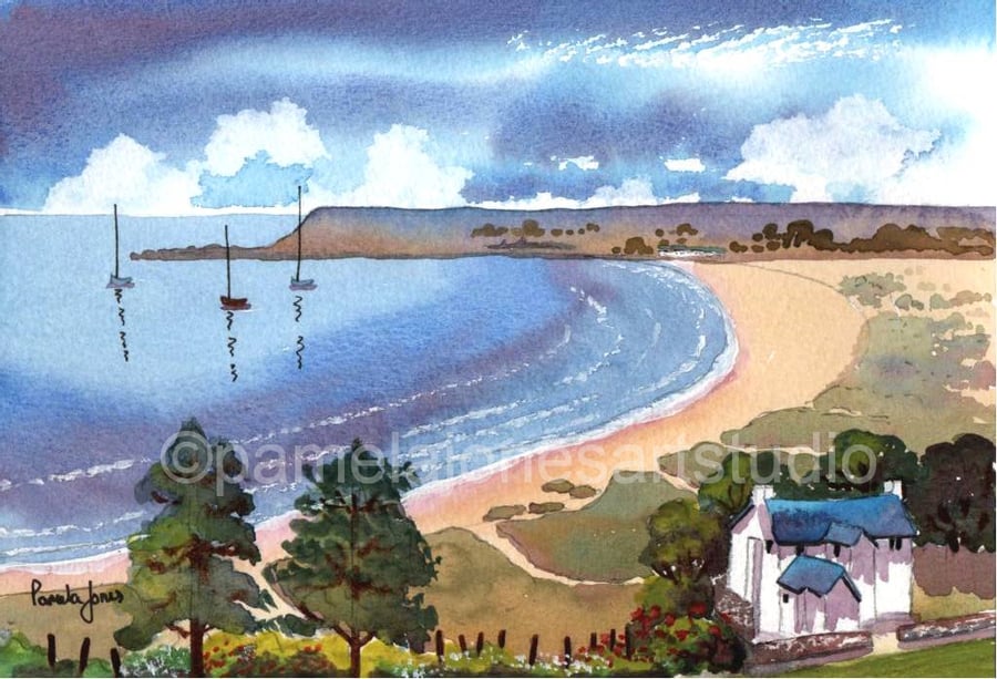 Port Eynon Bay, From Horton Beach, Gower, Watercolour Print in 10 x 8 '' mount