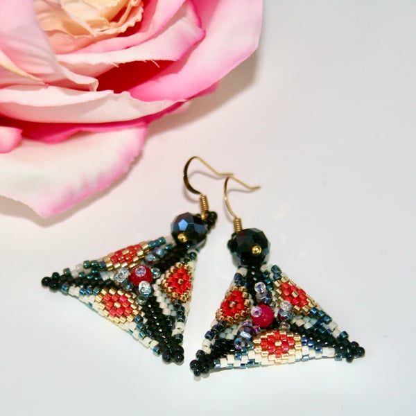 Black and red triangle beaded earrings