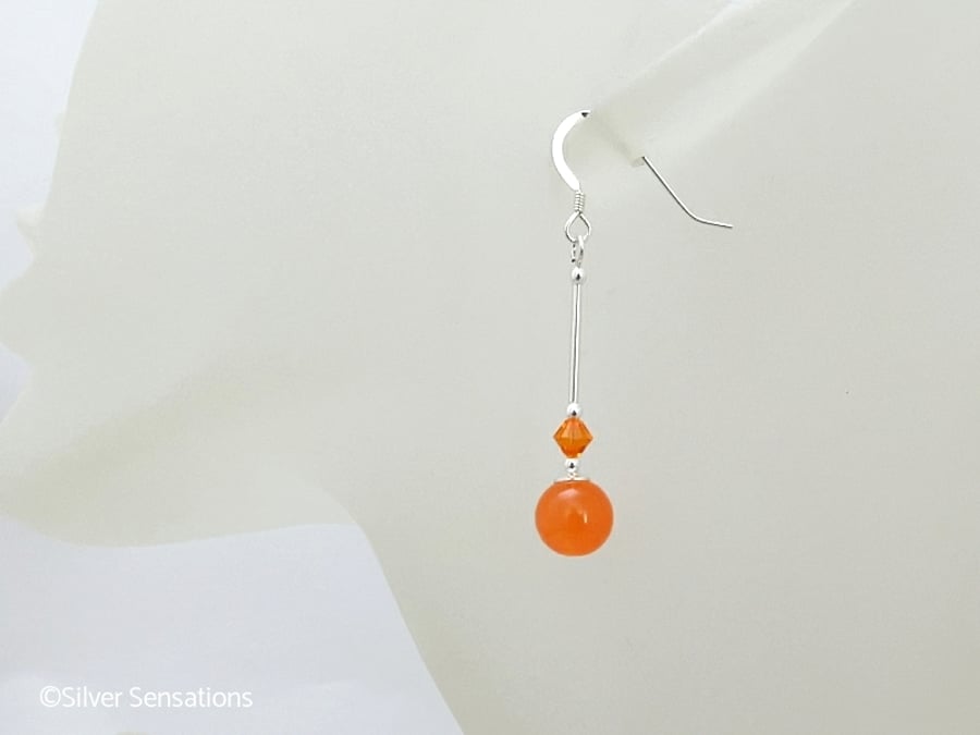 Bright Orange Jade Earrings With Swarovski Crystals & Sterling Silver