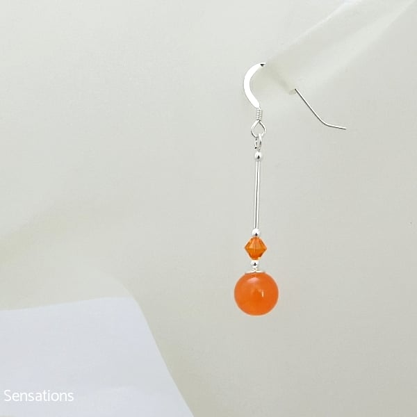 Bright Orange Jade Earrings With Swarovski Crystals & Sterling Silver