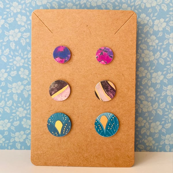 Multicoloured recycled plastic stud earrings - set of 3 pairs