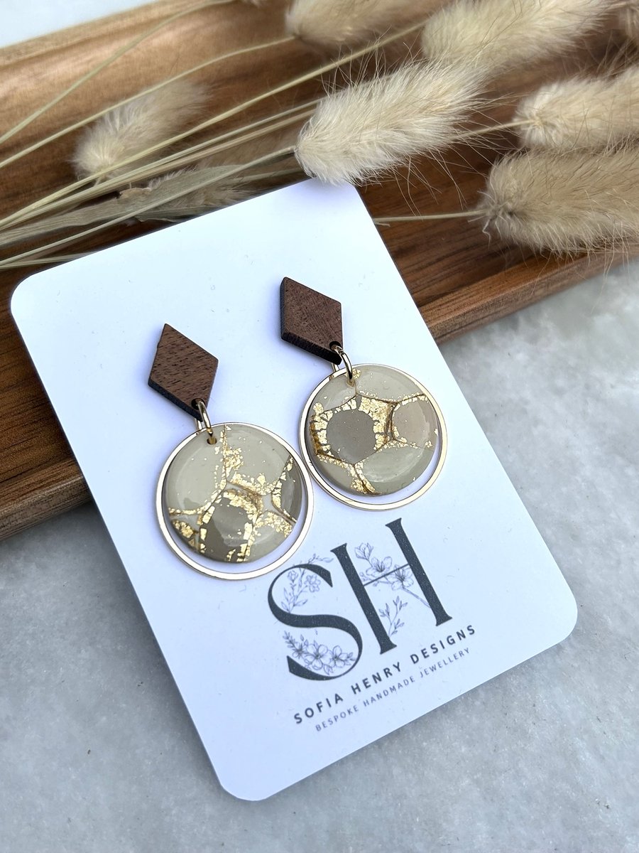 Handcrafted Marble Effect Polymer Clay Earrings with Gold Leaf & Walnut Stud