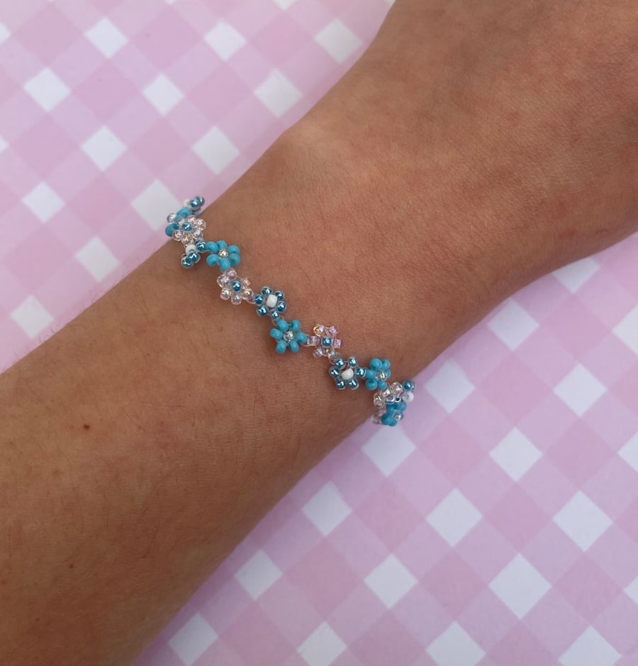 Blue and Pink Flower Zig Zag Seed Bead Bracelet