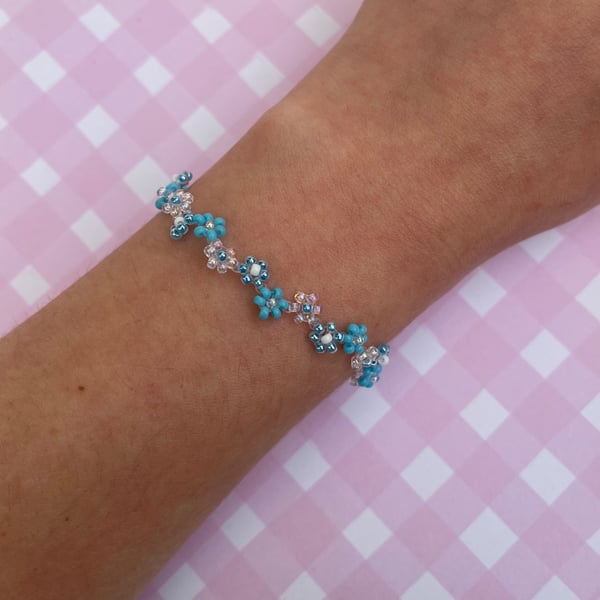 Blue and Pink Flower Zig Zag Seed Bead Bracelet