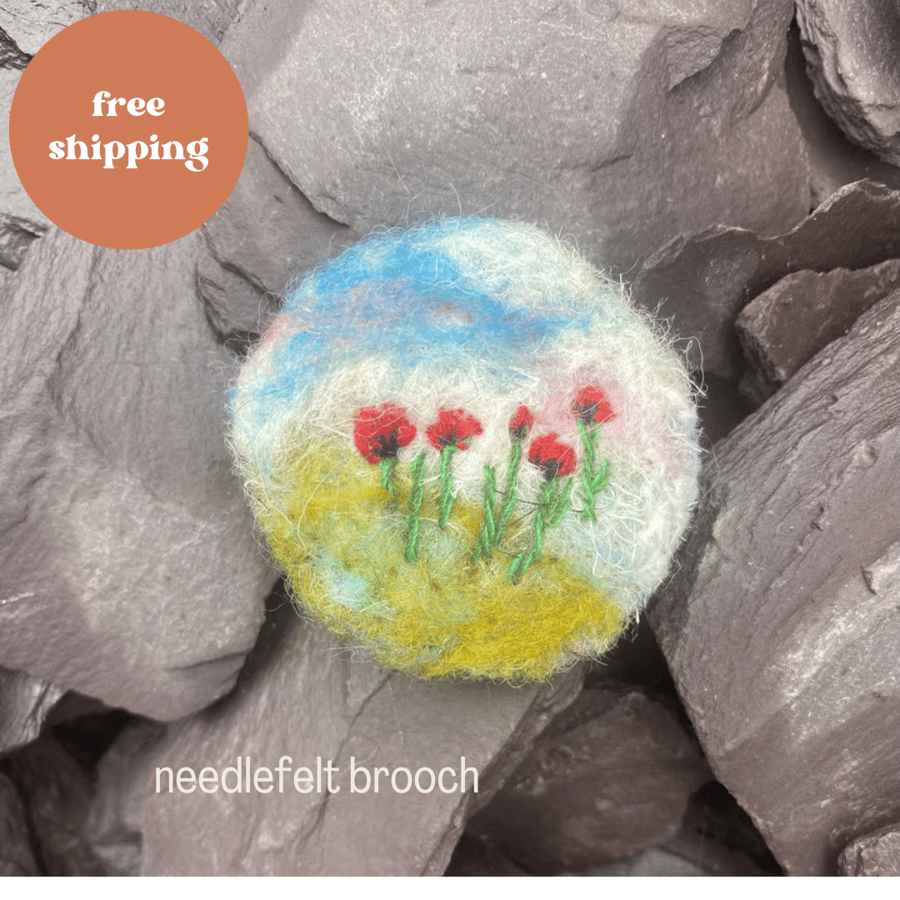 Brooch Poppies textile brooch with hand embroidery. free shipping, craftmas