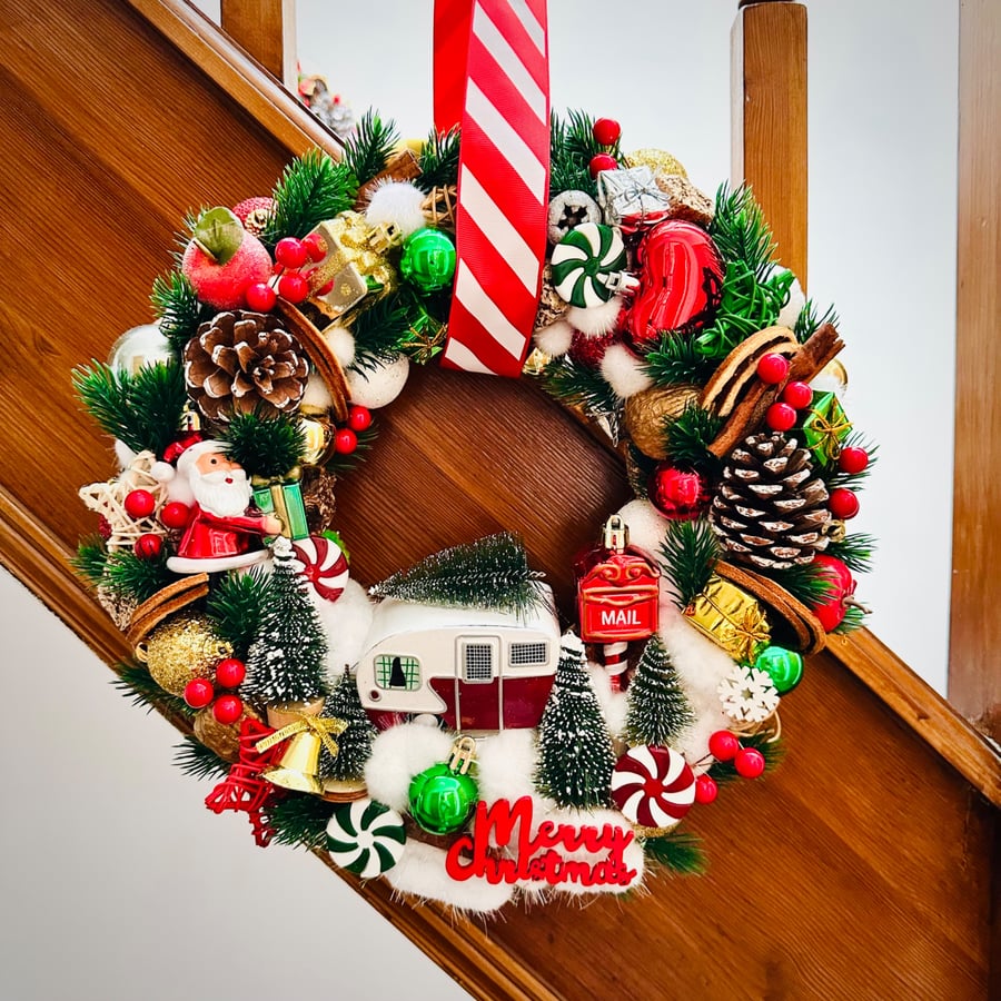 Handmade luxury Christmas wreath winter holiday wall hanging Santa woodland art