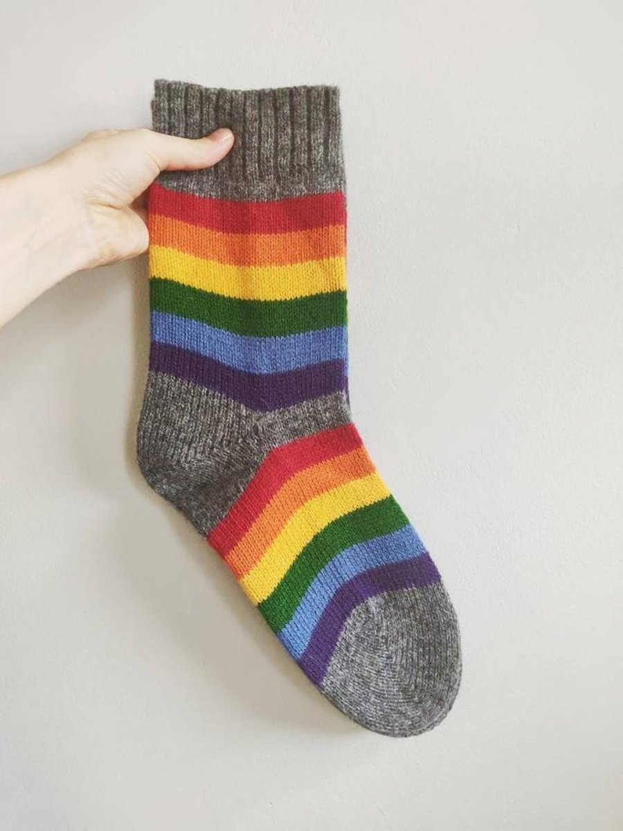 Knitted wool socks rainbow colourful striped LGBT grey purple yellow red blue 