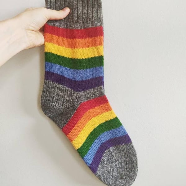 Knitted wool socks rainbow colourful striped LGBT grey purple yellow red blue 
