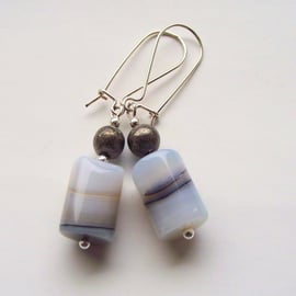 Grey stripe white agate earrings pyrite sterling silver handmade gemstone