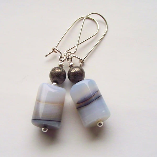 Grey stripe white agate earrings pyrite sterling silver handmade gemstone