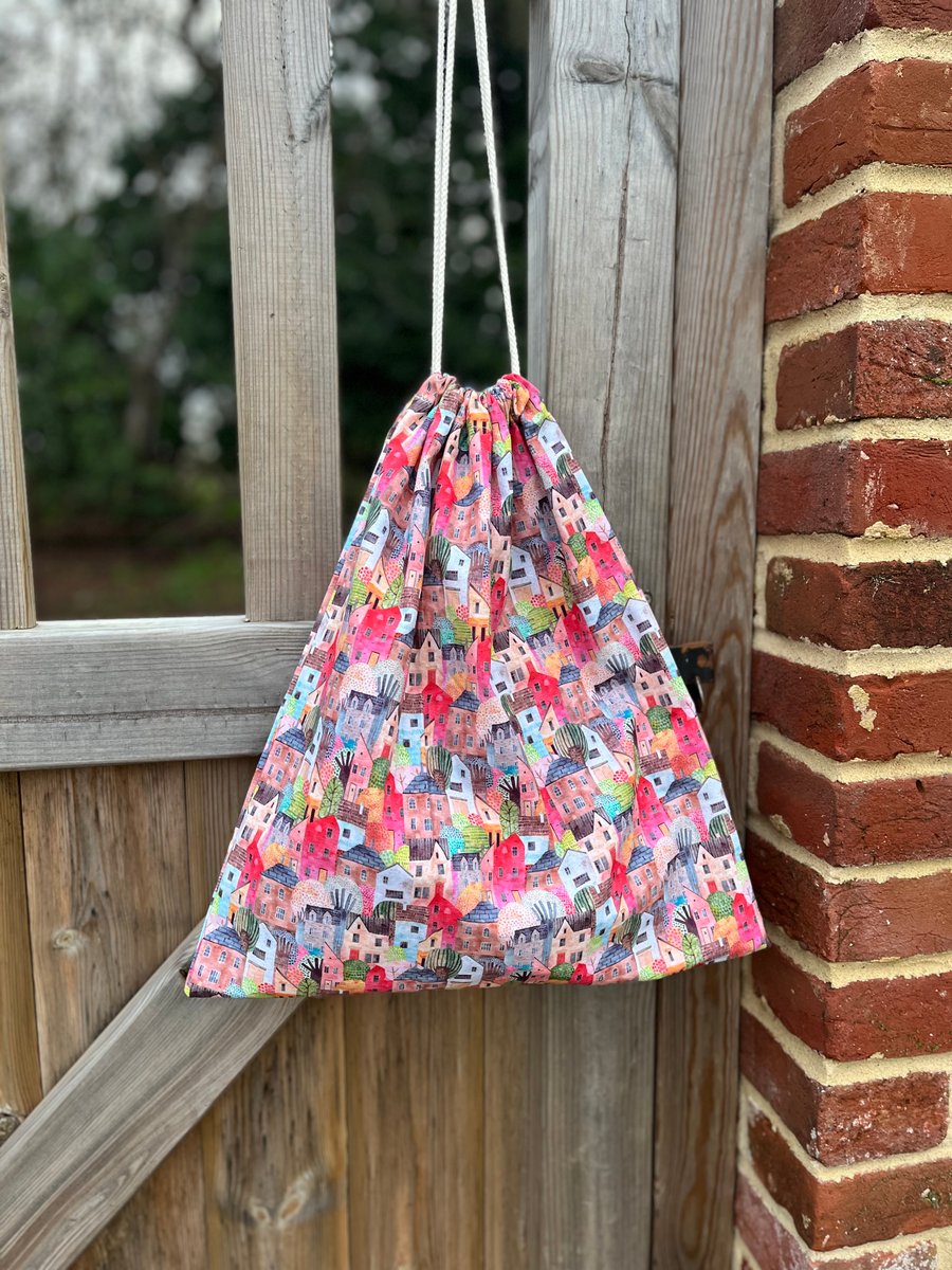 Drawstring bag - little houses travel laundry bag